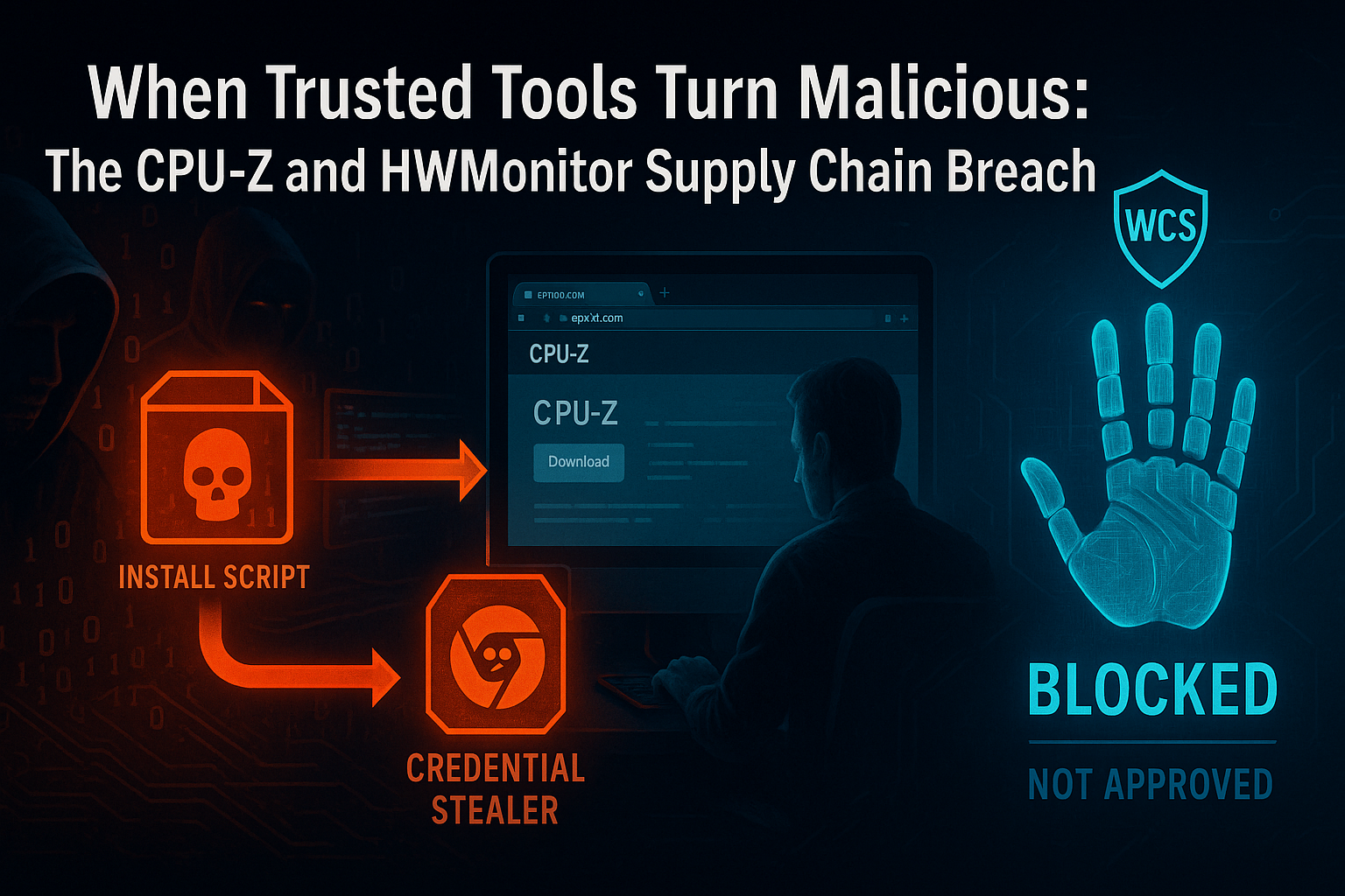 CPUID CPU-Z and HWMonitor supply chain breach — attackers replaced official download links with credential-stealing malware, blocked by WCS Trust Lockdown default-deny execution control
