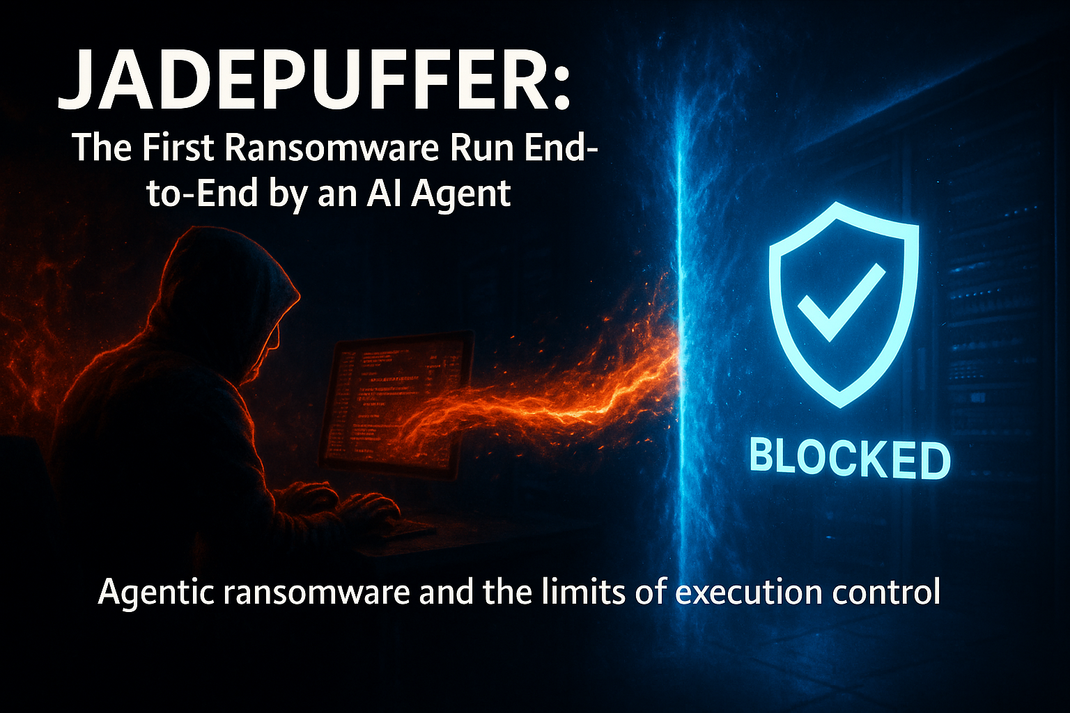 JADEPUFFER agentic AI ransomware — an autonomous LLM agent chains reconnaissance, credential theft, lateral movement, and database extortion after exploiting a Langflow remote code execution flaw