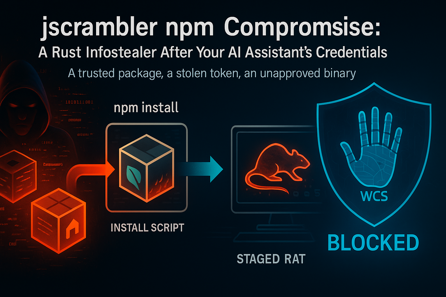 jscrambler npm supply-chain compromise — a preinstall hook drops a native Rust infostealer targeting cloud credentials, CI tokens, crypto wallets, and AI coding assistant configuration files